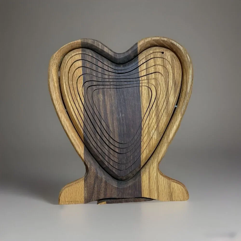 Vintage Mid-Century Accordion Wood Heart Shaped Folding Fruit Basket Trivet Bowl